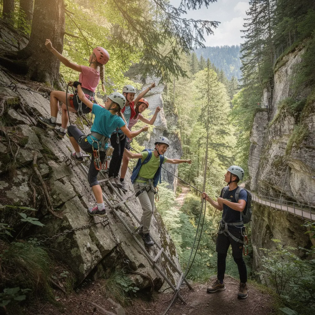 A family hiking on a nature trail, surrounded by vibrant wildflowers and towering trees.