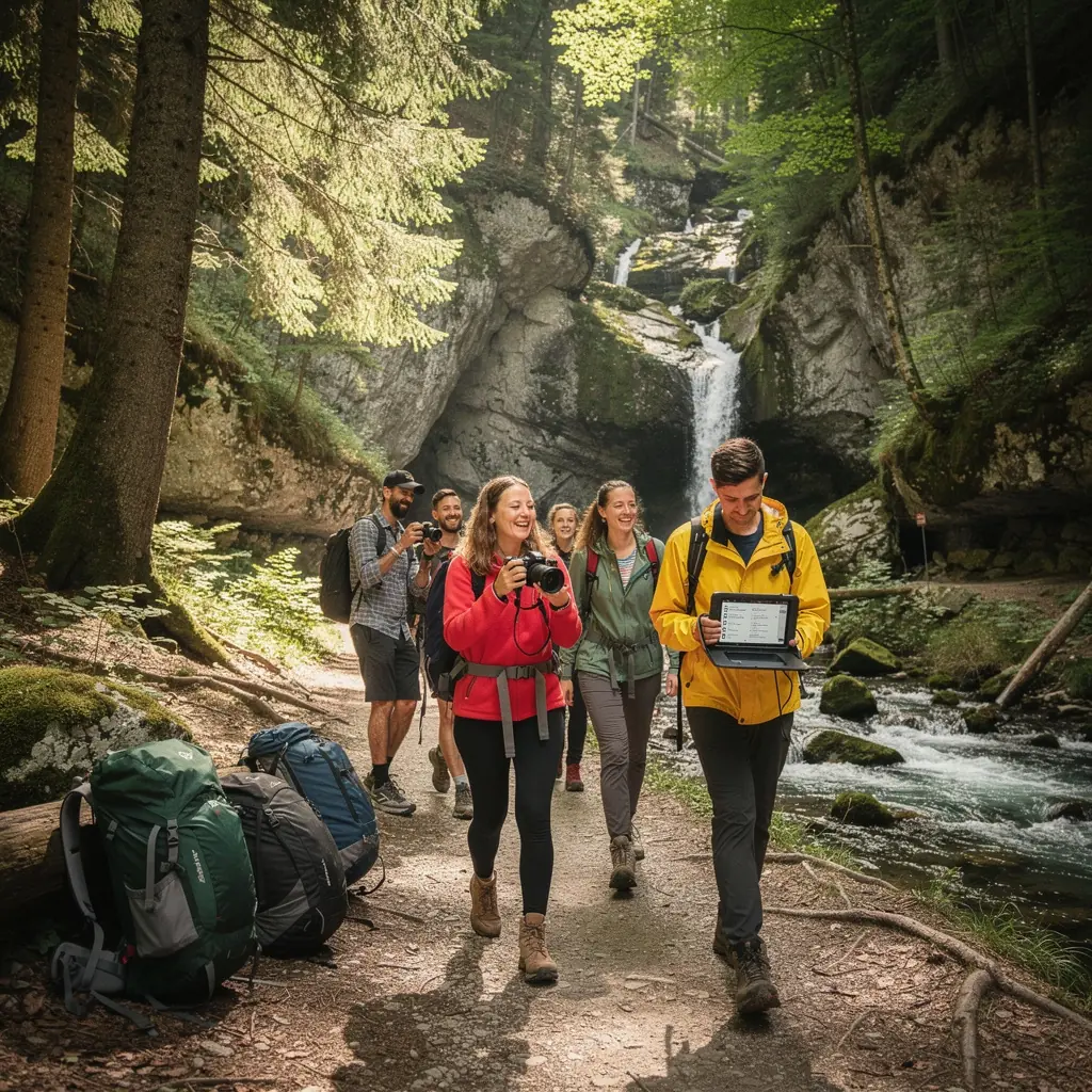 Close-up of essential packing items for a hiking trip, including a water bottle and snacks.
