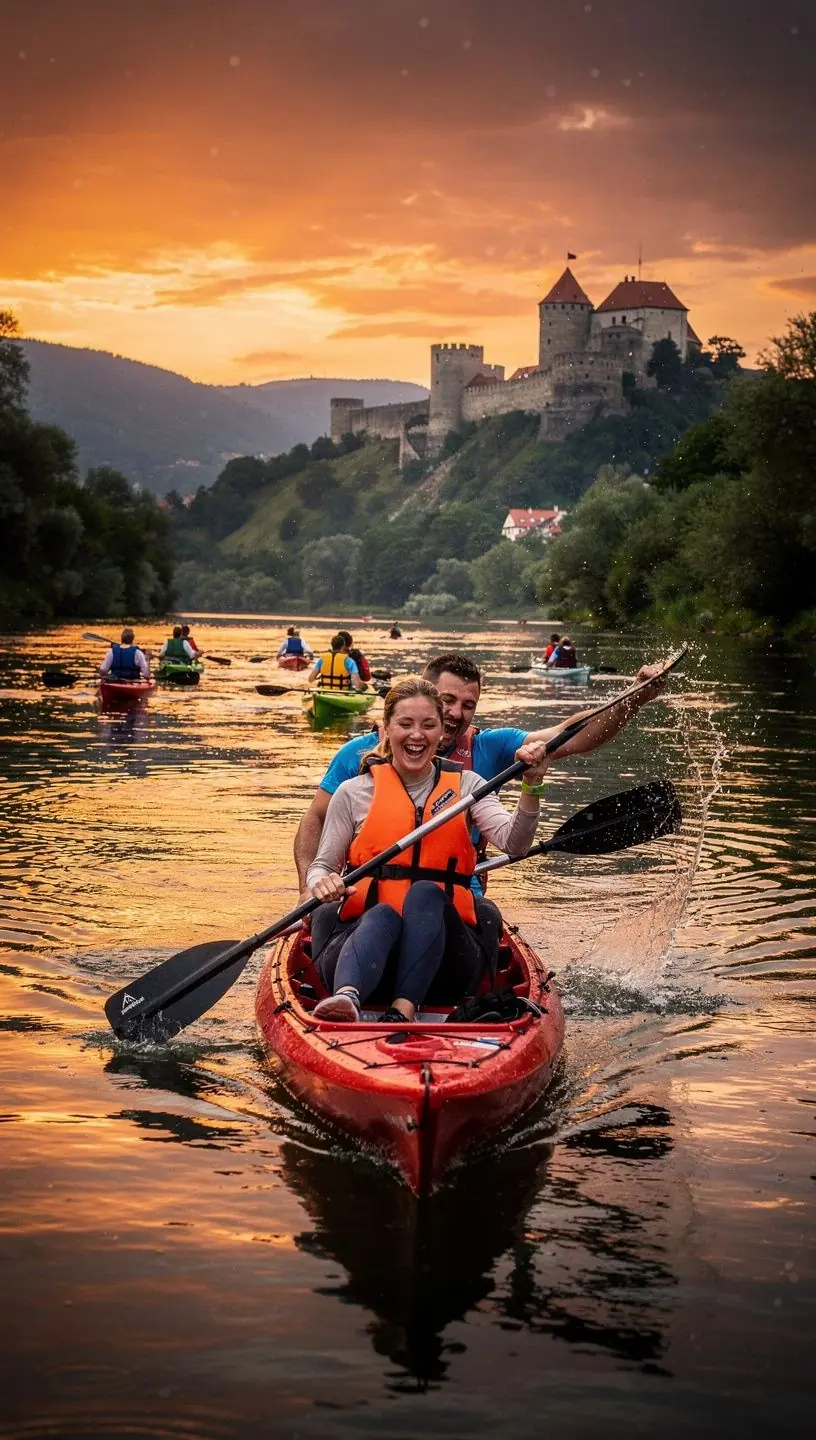 Tourists enjoying a picnic in a picturesque park, with mountains in the background and sunlight filtering through the trees.